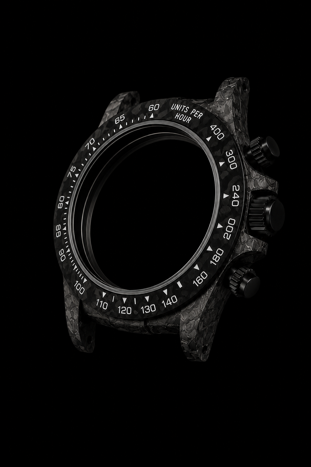 The Custom - Carbon Chronograph 39 custom carbon watch with handcrafted 39mm forged carbon case, luxury automatic chronograph powered by the Peacock SL4802 movement or available with the Seiko VK63 meca-quartz chronograph movement. Bespoke custom luxury watch built to order.