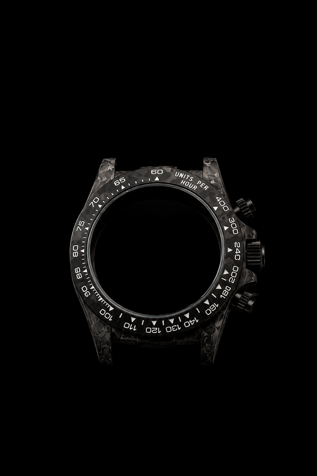 The Custom - Carbon Chronograph 39 custom carbon watch with handcrafted 39mm forged carbon case, luxury automatic chronograph powered by the Peacock SL4802 movement or available with the Seiko VK63 meca-quartz chronograph movement. Bespoke custom luxury watch built to order.