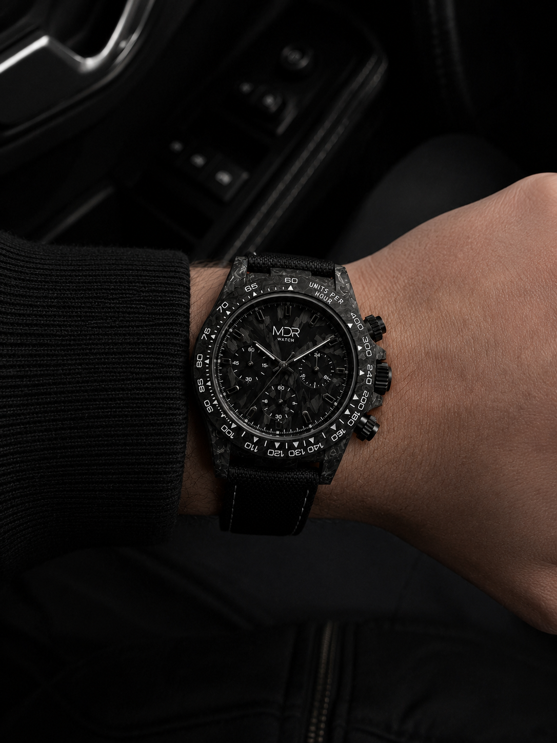 The Custom - Carbon Chronograph 39 custom carbon watch with handcrafted 39mm forged carbon case, luxury automatic chronograph powered by the Peacock SL4802 movement or available with the Seiko VK63 meca-quartz chronograph movement. Bespoke custom luxury watch built to order.