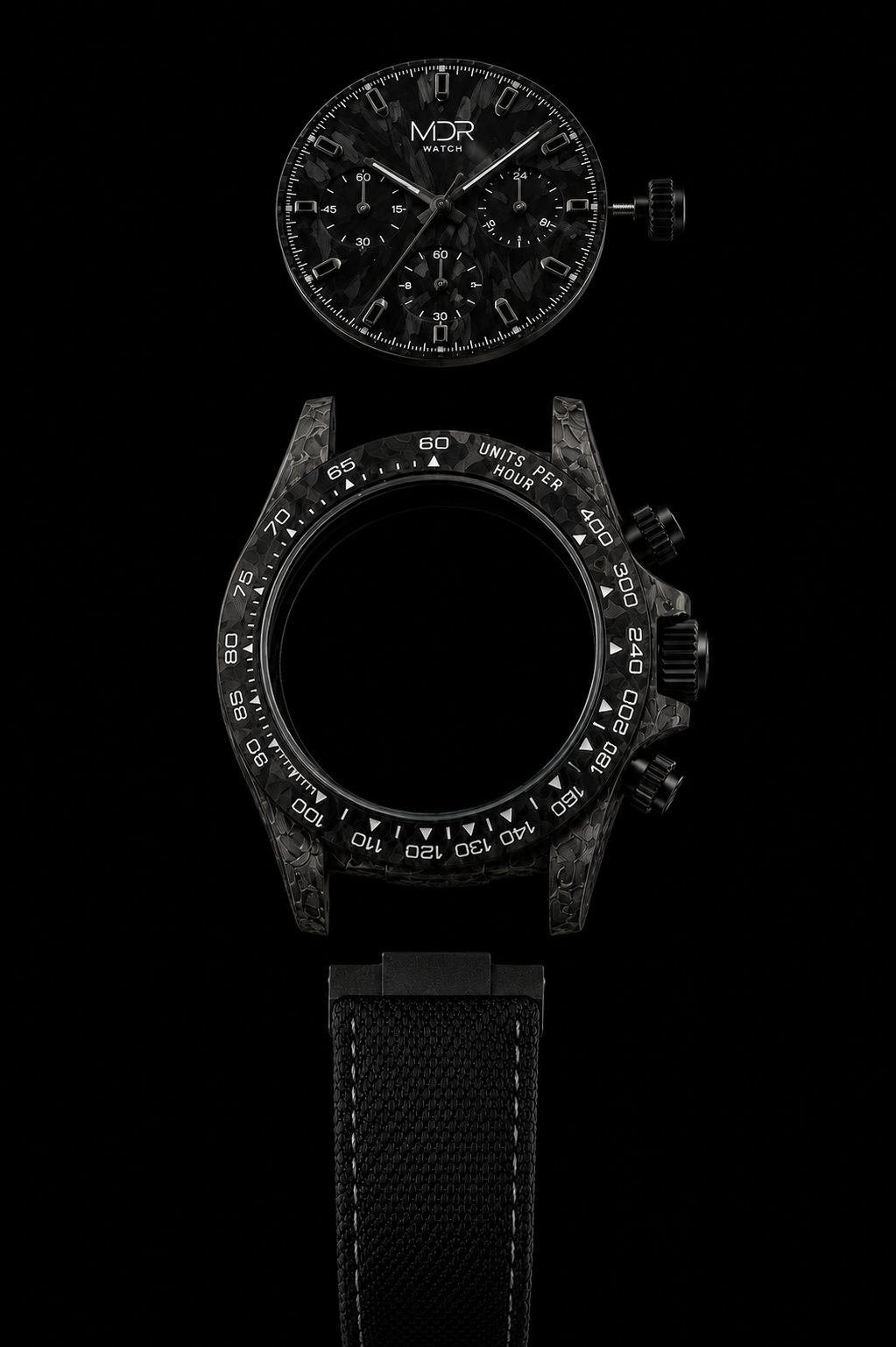 The Custom - Carbon Chronograph 39 custom carbon watch with handcrafted 39mm forged carbon case, luxury automatic chronograph powered by the Peacock SL4802 movement or available with the Seiko VK63 meca-quartz chronograph movement. Bespoke custom luxury watch built to order.