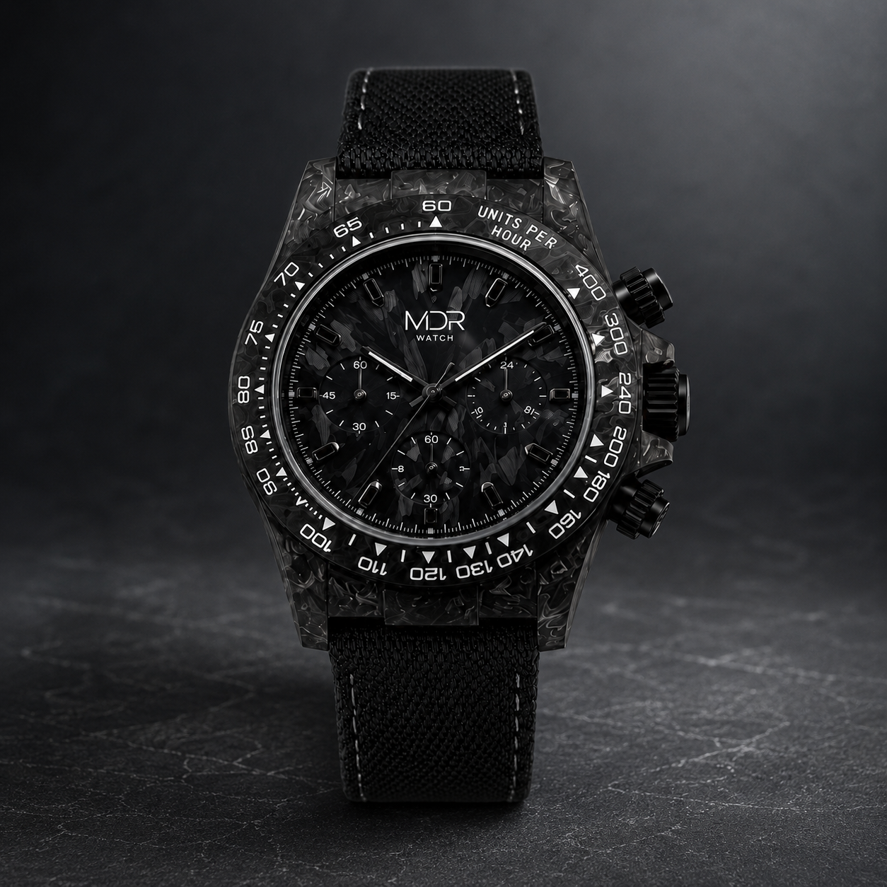 The Custom - Carbon Chronograph 39 custom carbon watch with handcrafted 39mm forged carbon case, luxury automatic chronograph powered by the Peacock SL4802 movement or available with the Seiko VK63 meca-quartz chronograph movement. Bespoke custom luxury watch built to order.