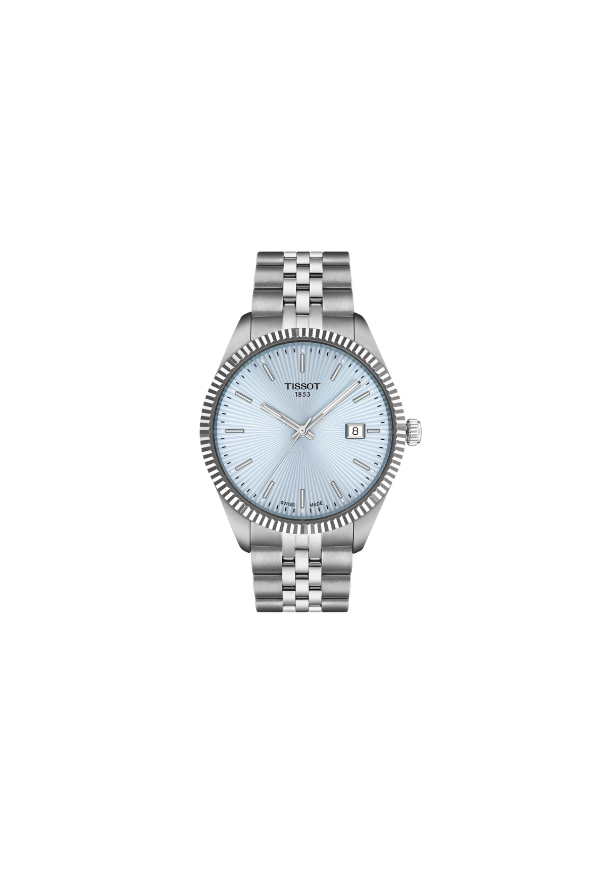 Tissot Ballade T156.410.11.351.00 40 mm con quadrante azzurro ghiaccio guilloché a raggi di sole, cassa in acciaio e bracciale in acciaio.