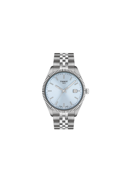 Tissot Ballade T156.410.11.351.00 40 mm con quadrante azzurro ghiaccio guilloché a raggi di sole, cassa in acciaio e bracciale in acciaio.