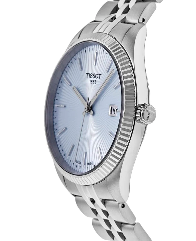 Tissot Ballade T156.410.11.351.00 40 mm con quadrante azzurro ghiaccio guilloché a raggi di sole, cassa in acciaio e bracciale in acciaio.