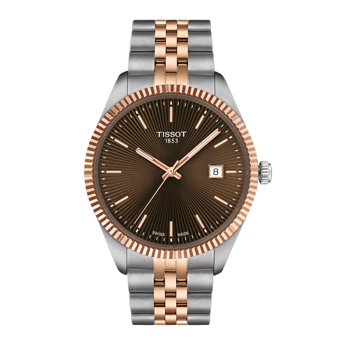 Tissot Ballade T156.410.22.291.01 40 mm con quadrante marrone guilloché a raggi di sole, cassa PVD oro rosa e bracciale in acciaio.