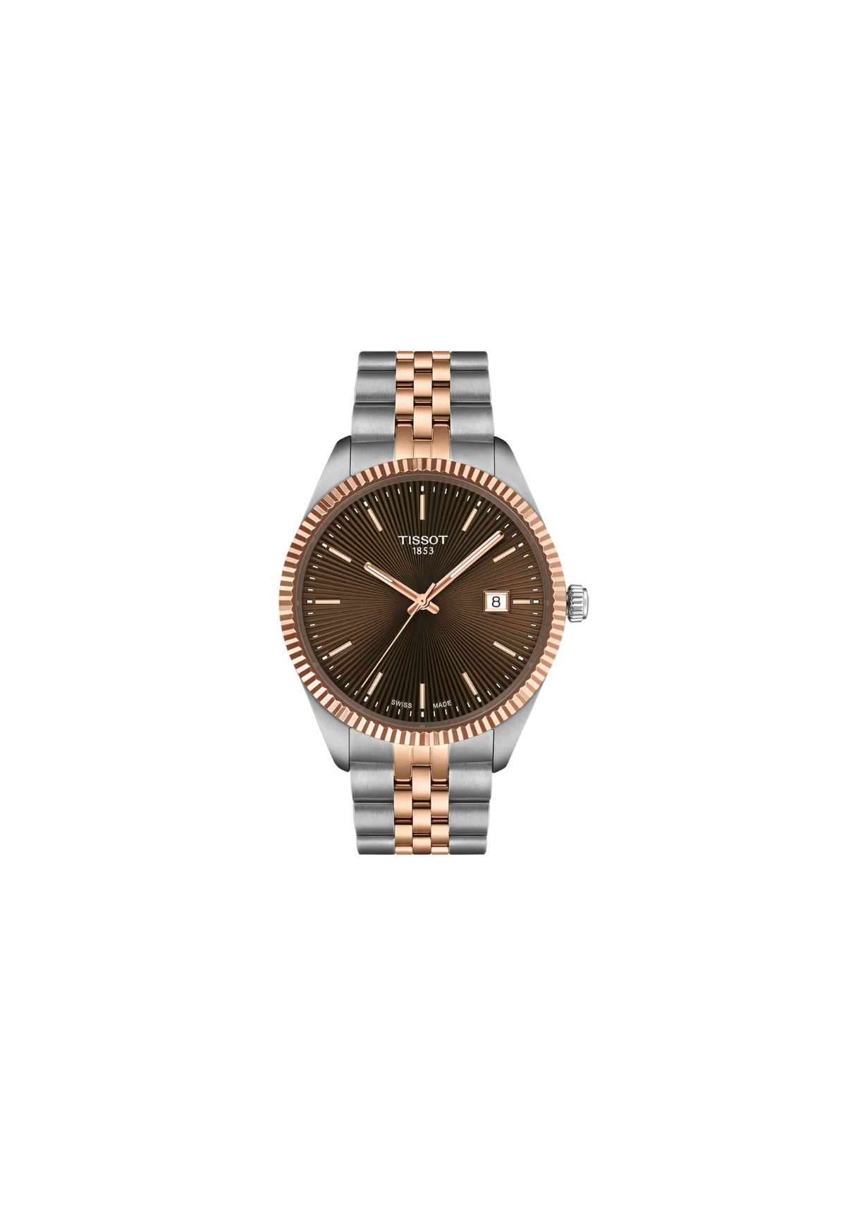 Tissot Ballade T156.410.22.291.01 40 mm con quadrante marrone guilloché a raggi di sole, cassa PVD oro rosa e bracciale in acciaio.