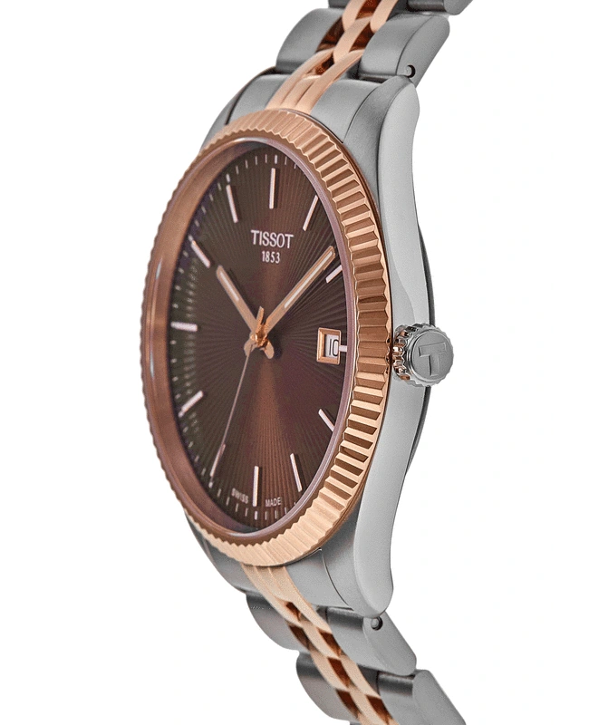 Tissot Ballade T156.410.22.291.01 40 mm con quadrante marrone guilloché a raggi di sole, cassa PVD oro rosa e bracciale in acciaio.
