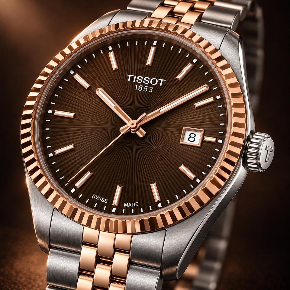 Tissot Ballade T156.410.22.291.01 40 mm con quadrante marrone guilloché a raggi di sole, cassa PVD oro rosa e bracciale in acciaio.