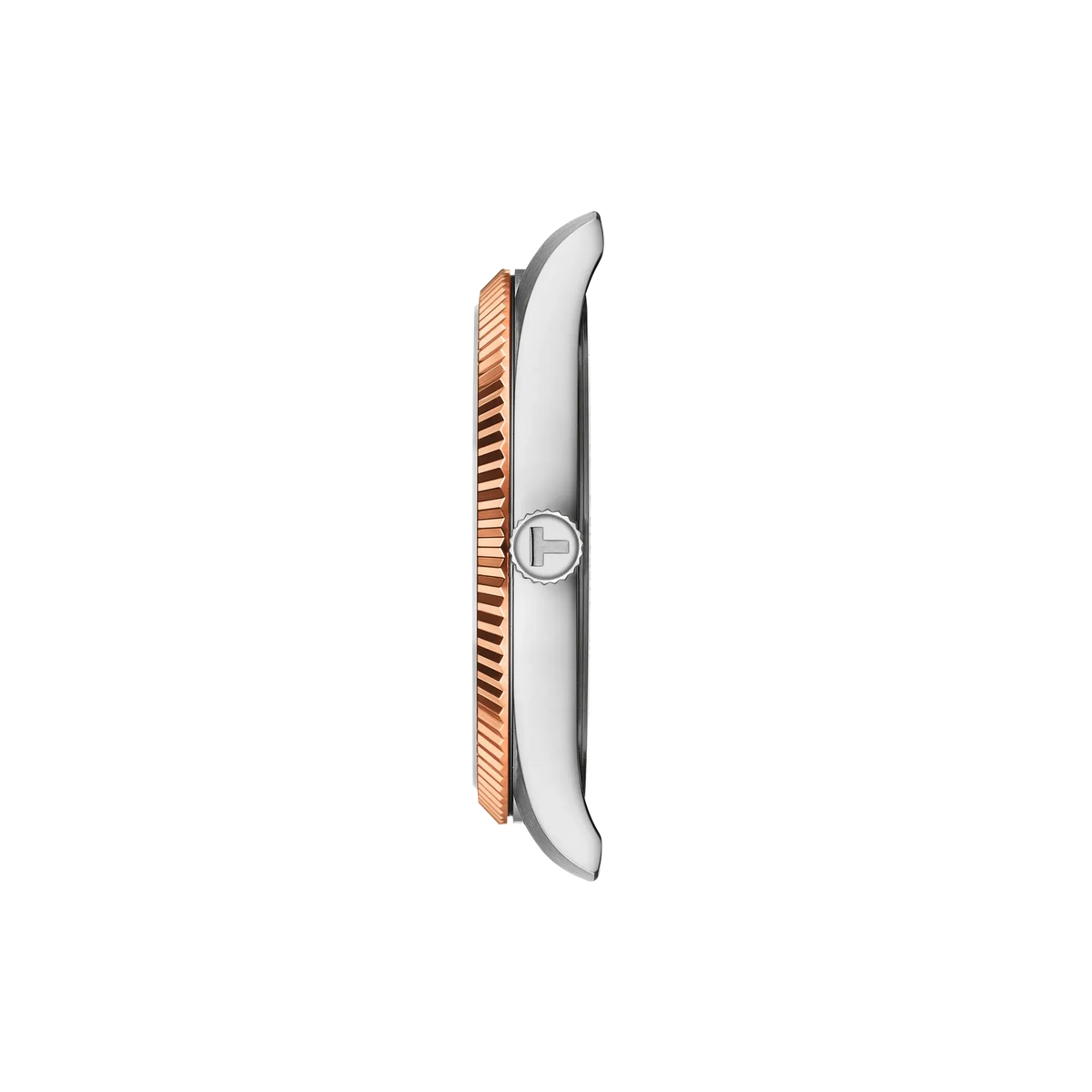 Tissot Ballade T156.410.22.291.01 40 mm con quadrante marrone guilloché a raggi di sole, cassa PVD oro rosa e bracciale in acciaio.