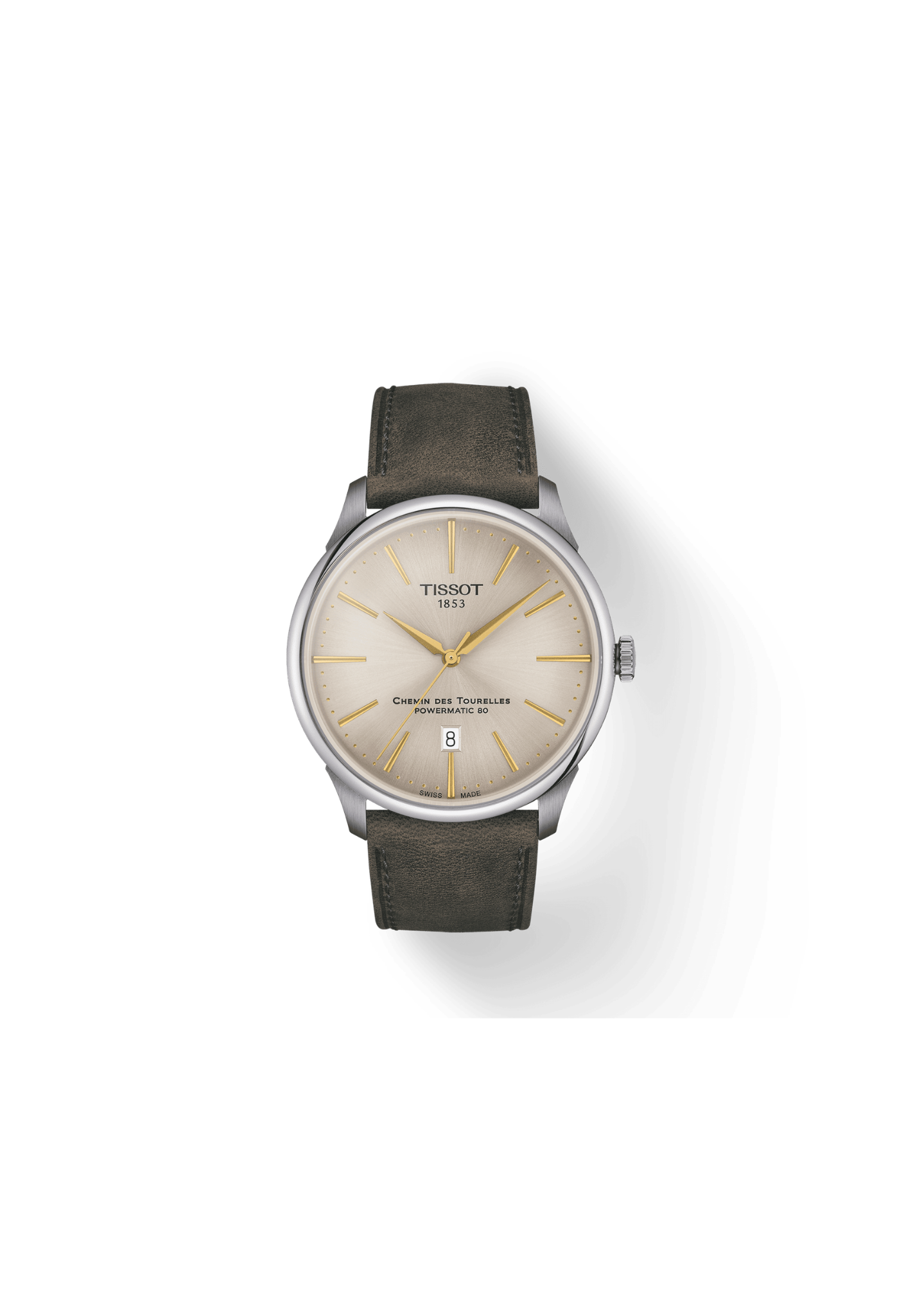 Tissot Chemin Des Tourelles Powermatic 80 Automatico Swiss Made Avorio 42mm T139.407.16.261.00 con quadrante avorio, cinturino pelle verde e vetro zaffiro bombato.