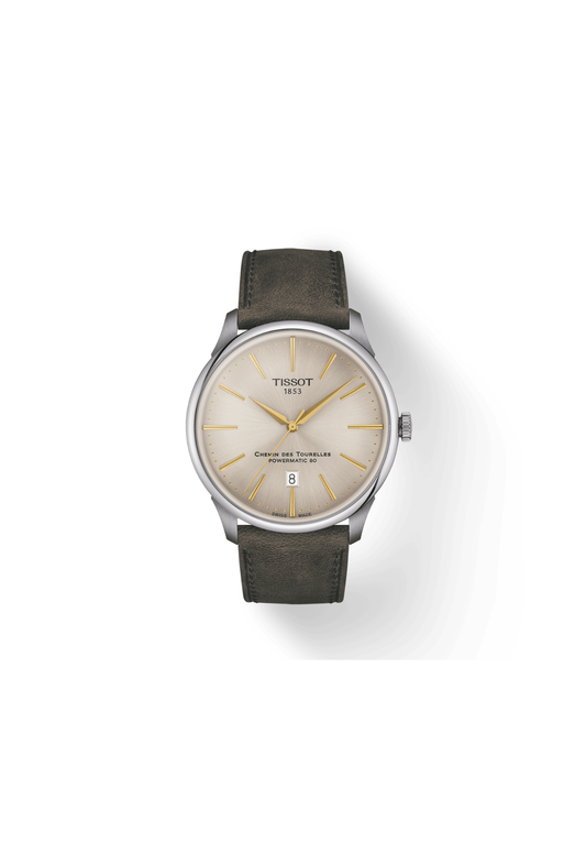 Tissot Chemin Des Tourelles Powermatic 80 Automatico Swiss Made Avorio 42mm T139.407.16.261.00 con quadrante avorio, cinturino pelle verde e vetro zaffiro bombato.