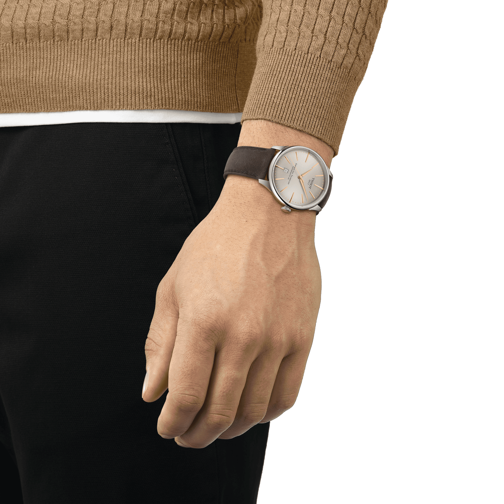 Tissot Chemin Des Tourelles Powermatic 80 Automatico Swiss Made Avorio 42mm T139.407.16.261.00 con quadrante avorio, cinturino pelle verde e vetro zaffiro bombato.
