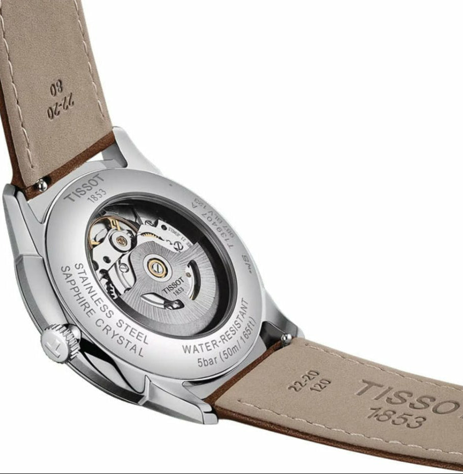 Tissot Chemin Des Tourelles Powermatic 80 Automatico Swiss Made Avorio 42mm T139.407.16.261.00 con quadrante avorio, cinturino pelle verde e vetro zaffiro bombato.