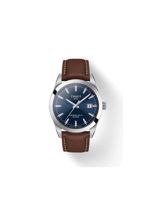 Tissot Gentleman Powermatic 80 Silicium T127.407.16.041.00 – Orologio automatico Swiss Made, 40mm, quadrante blu, cinturino in pelle marrone, fondello a vista, spirale in silicio.

