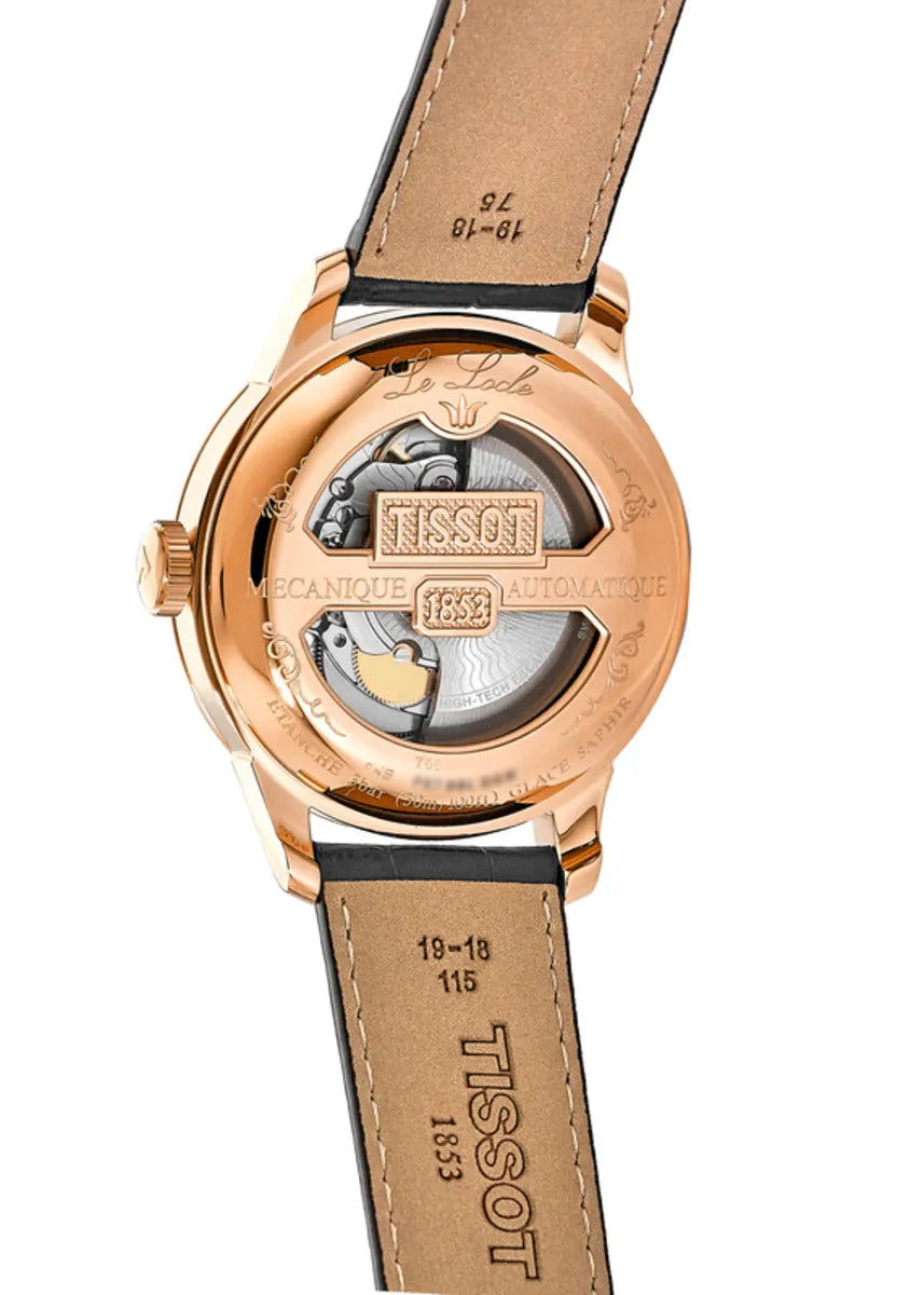 Tissot Le Locle Automatic Swiss Made 39.3mm Nero con dettagli oro rosa e cinturino in pelle – Codice T006.407.36.053.00, movimento automatico, vetro zaffiro, fondello trasparente