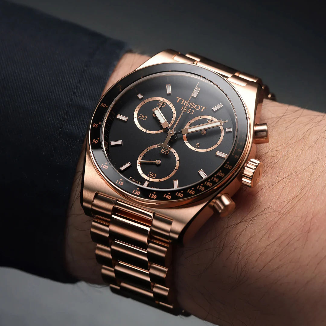 Tissot PR516 Chronograph Quartz T149.417.33.051.00 40mm nero oro rosa PVD cronografo Swiss Made vetro zaffiro