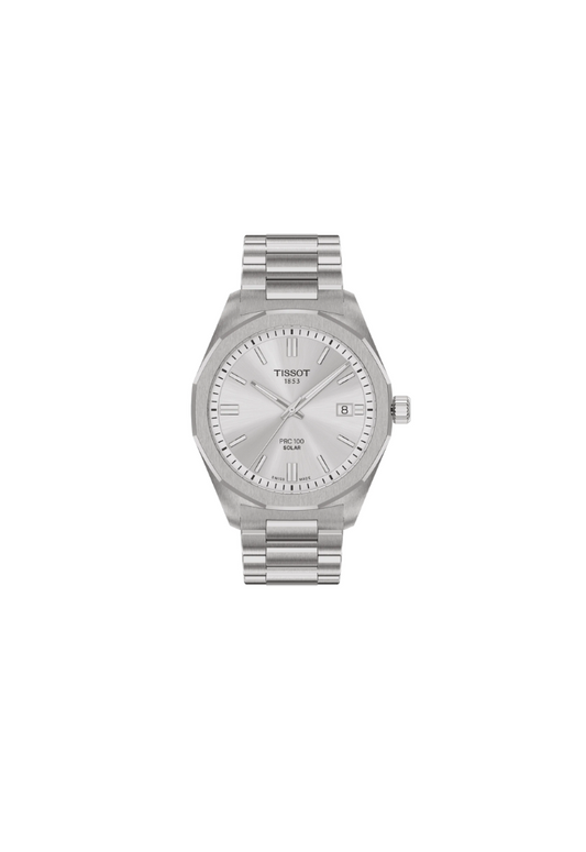 Tissot PRC 100 Solar T151.422.11.031.00 – Orologio uomo 39mm quarzo Swiss Made con quadrante argentato, cassa acciaio e vetro zaffiro antigraffio.
