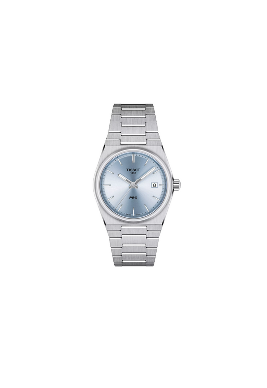 Tissot PRX 35mm quarzo Swiss Made acciaio quadrante azzurro ghiaccio Ref. T137.210.11.351.00 orologio elegante con bracciale integrato