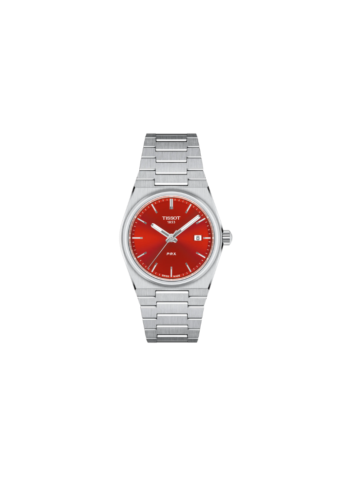 Tissot PRX 35mm quarzo Swiss Made acciaio quadrante rosso Ref. T137.210.11.421.00 orologio elegante con bracciale integrato