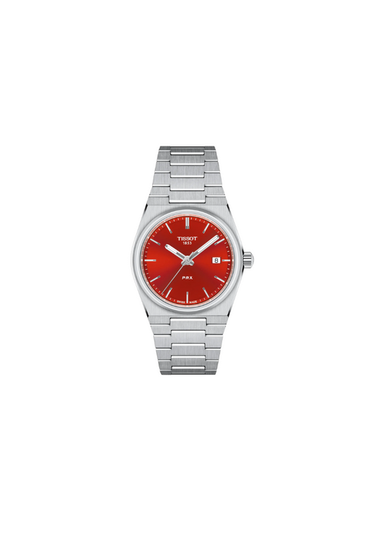 Tissot PRX 35mm quarzo Swiss Made acciaio quadrante rosso Ref. T137.210.11.421.00 orologio elegante con bracciale integrato