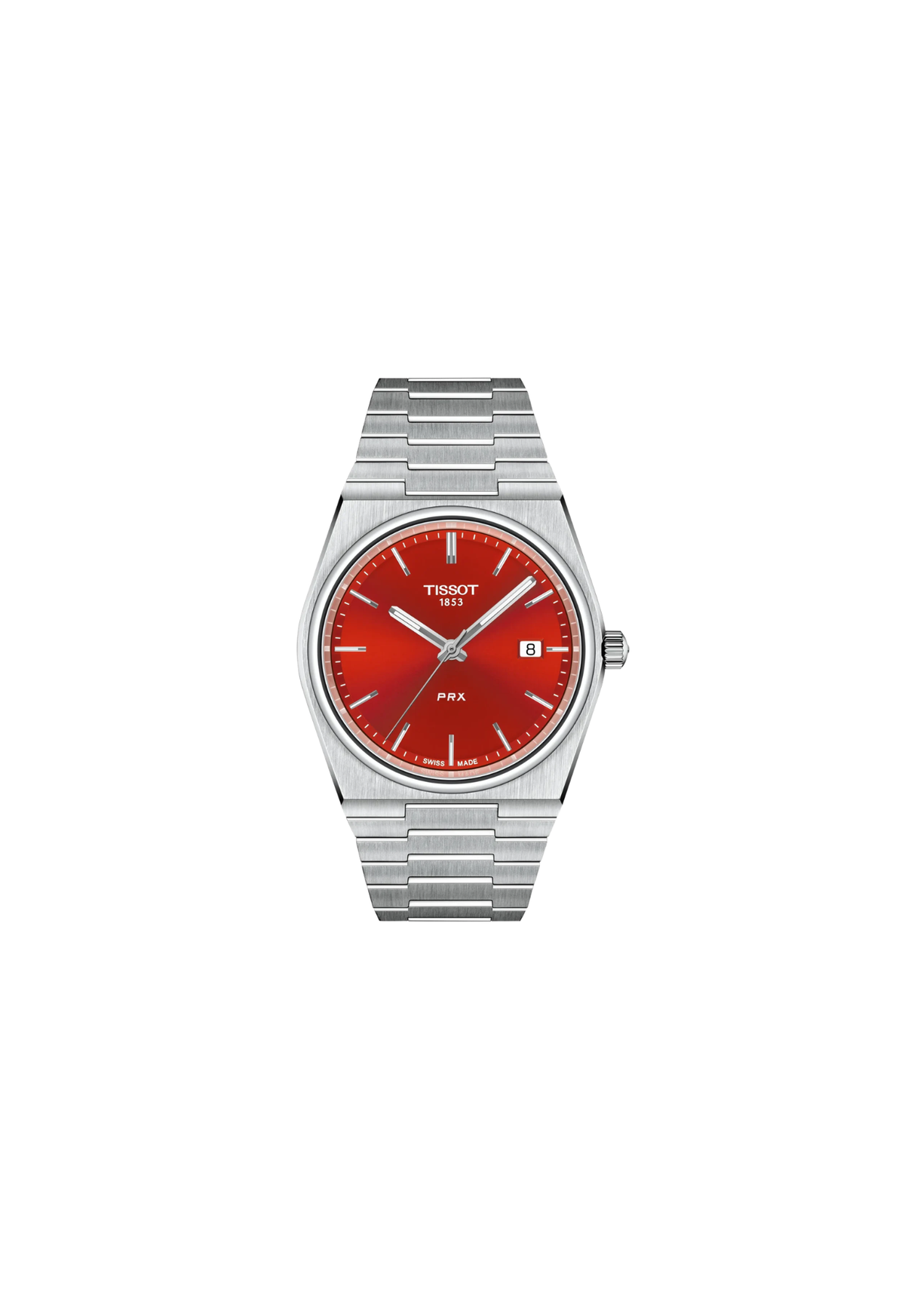 Tissot PRX 40mm T137.410.11.421.00 con quadrante rosso a raggiera, cassa tonneau in acciaio e bracciale integrato.