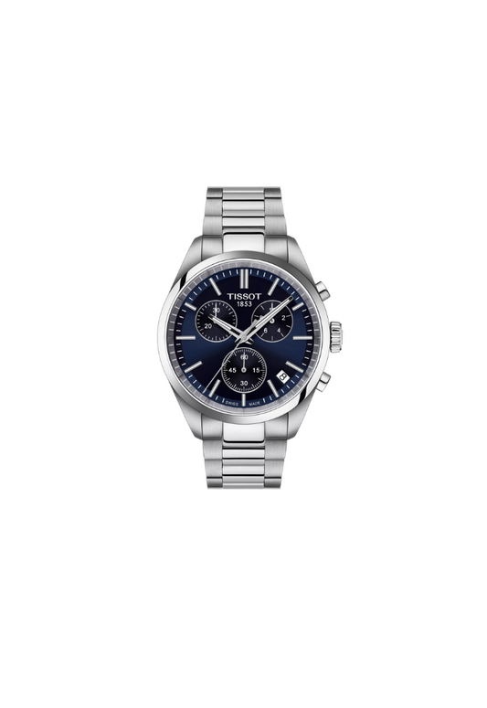 Tissot PR 100 quarzo Swiss Made 40mm T150.417.11.041.00 con quadrante blu, cronografo, vetro zaffiro e bracciale acciaio intercambiabile

