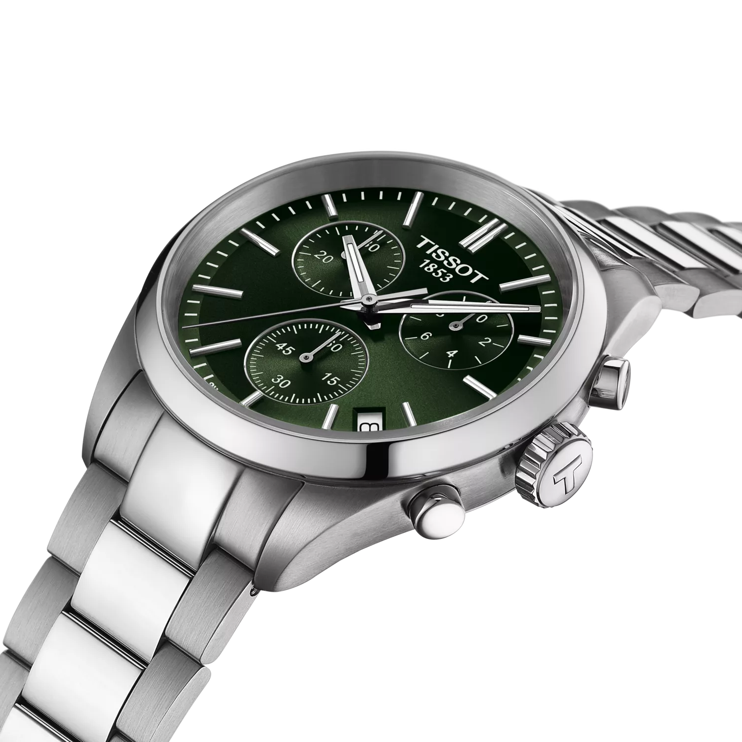 Tissot PR 100 quarzo Swiss Made 40mm T150.417.11.091.00 con quadrante verde, cronografo, vetro zaffiro e cinturino intercambiabile in acciaio

