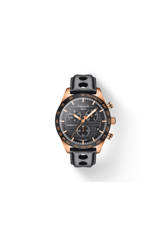 Tissot PR 516 Cronografo quarzo Swiss Made 42mm T100.417.36.051.00 cassa acciaio PVD oro rosa quadrante nero cinturino pelle nera vetro zaffiro