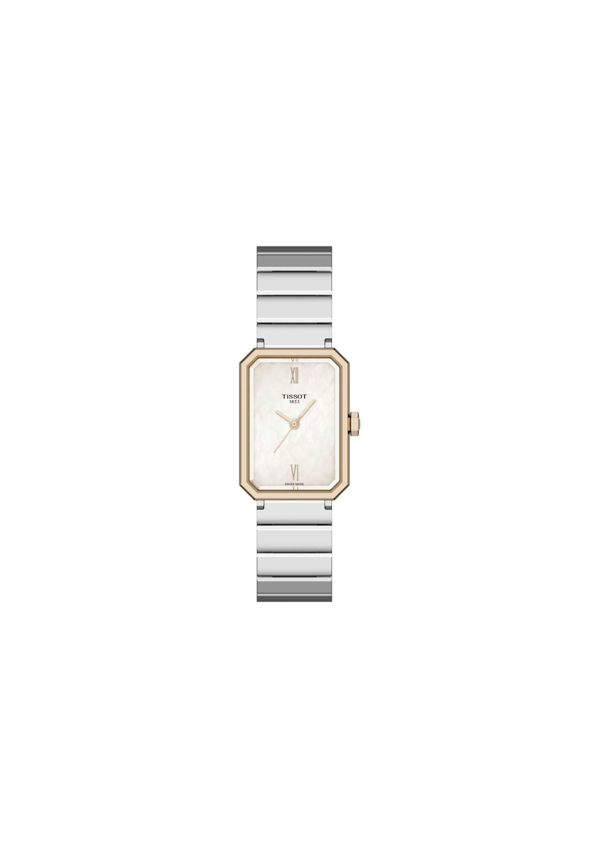 Tissot SRV T160.110.21.113.00 donna 30 mm stile Tank con quadrante in madreperla bianca, cassa rettangolare e bracciale in acciaio.