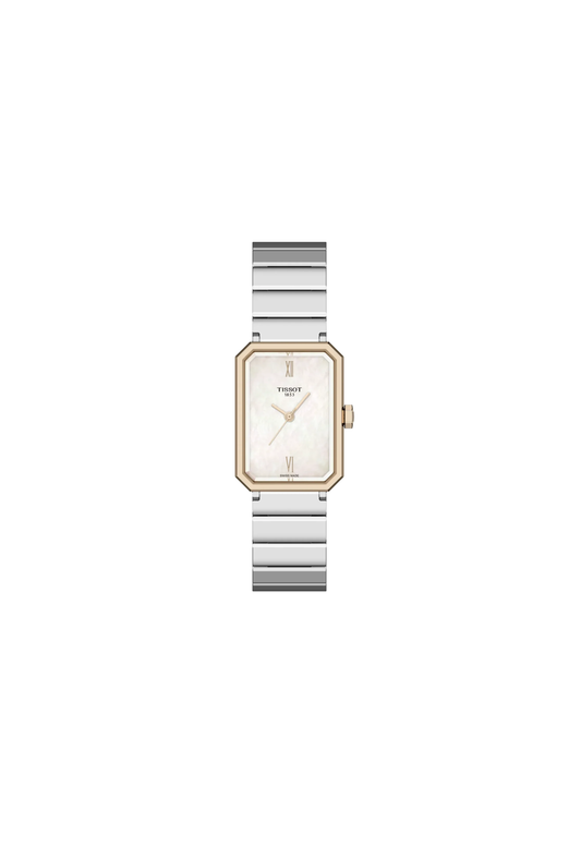 Tissot SRV T160.110.21.113.00 donna 30 mm stile Tank con quadrante in madreperla bianca, cassa rettangolare e bracciale in acciaio.
