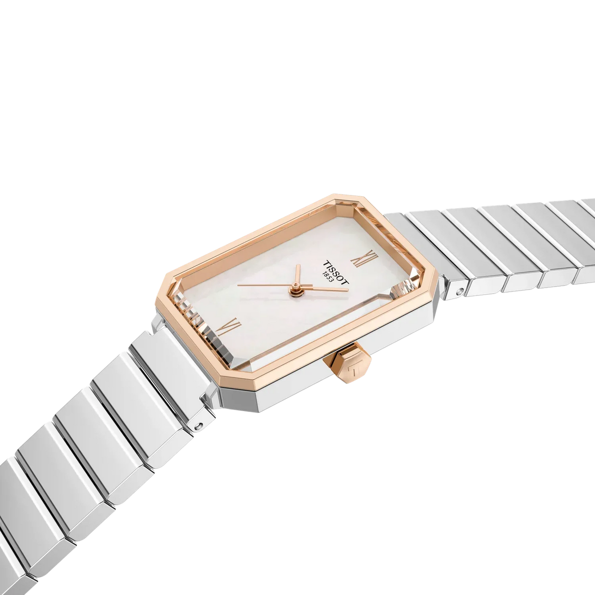 Tissot SRV T160.110.21.113.00 donna 30 mm stile Tank con quadrante in madreperla bianca, cassa rettangolare e bracciale in acciaio.
