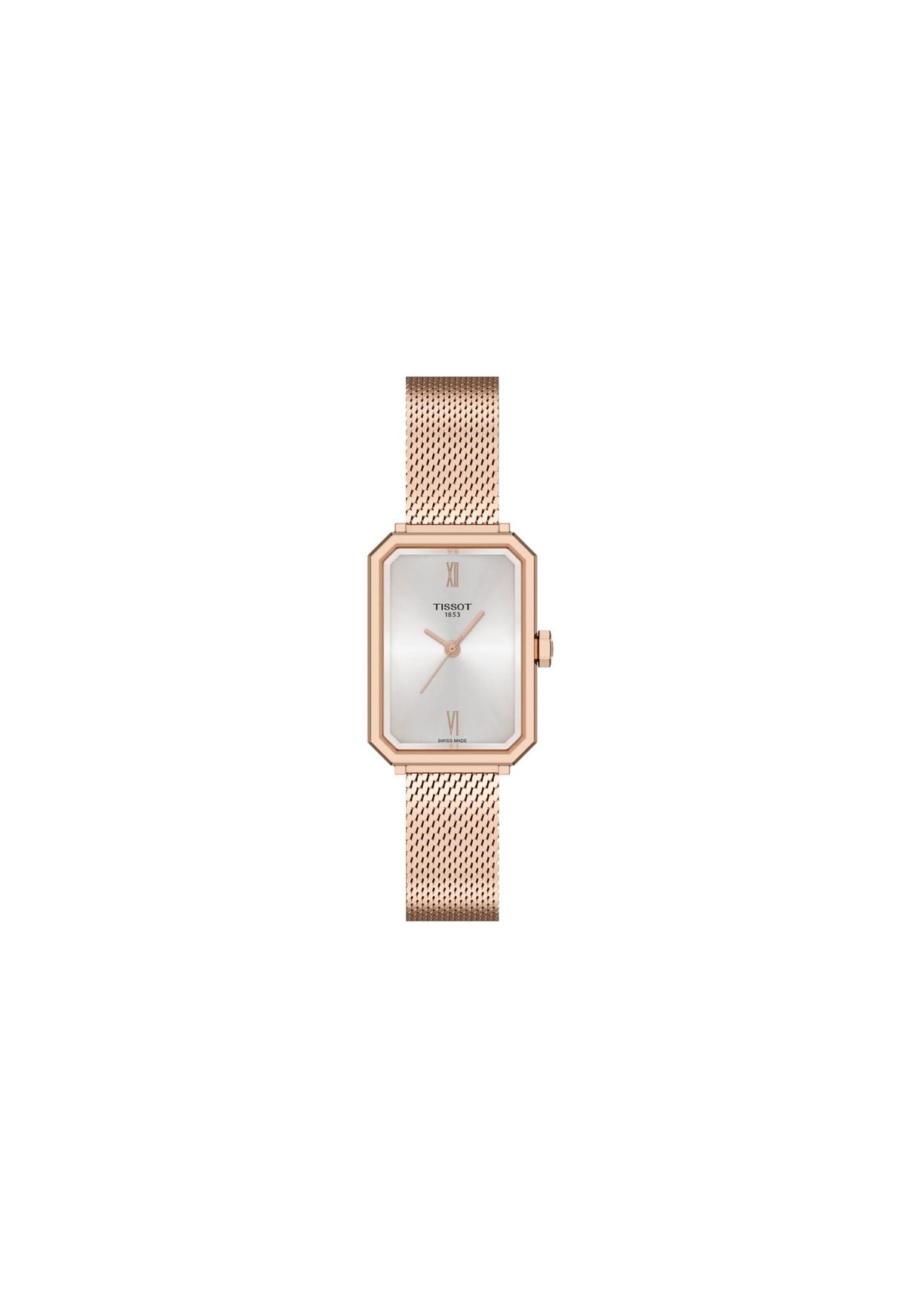 Tissot SRV T160.110.33.033.00 donna 30 mm con cassa rettangolare PVD oro rosa, quadrante argento e bracciale Milanese.