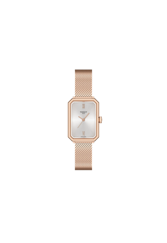Tissot SRV T160.110.33.033.00 donna 30 mm con cassa rettangolare PVD oro rosa, quadrante argento e bracciale Milanese.
