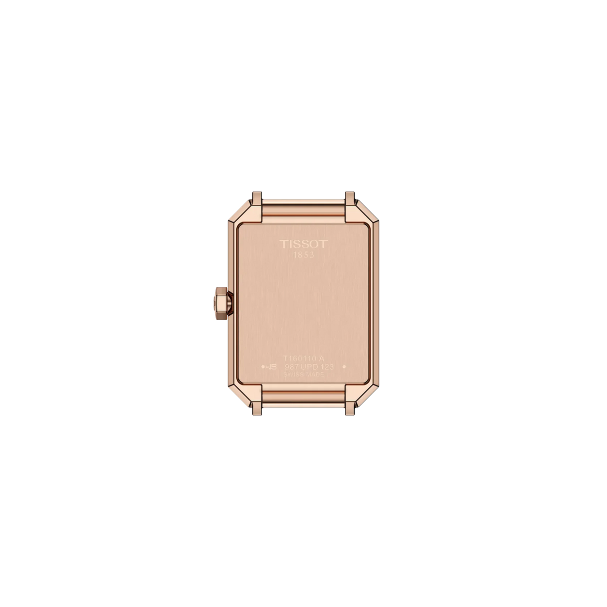 Tissot SRV T160.110.33.033.00 donna 30 mm con cassa rettangolare PVD oro rosa, quadrante argento e bracciale Milanese.