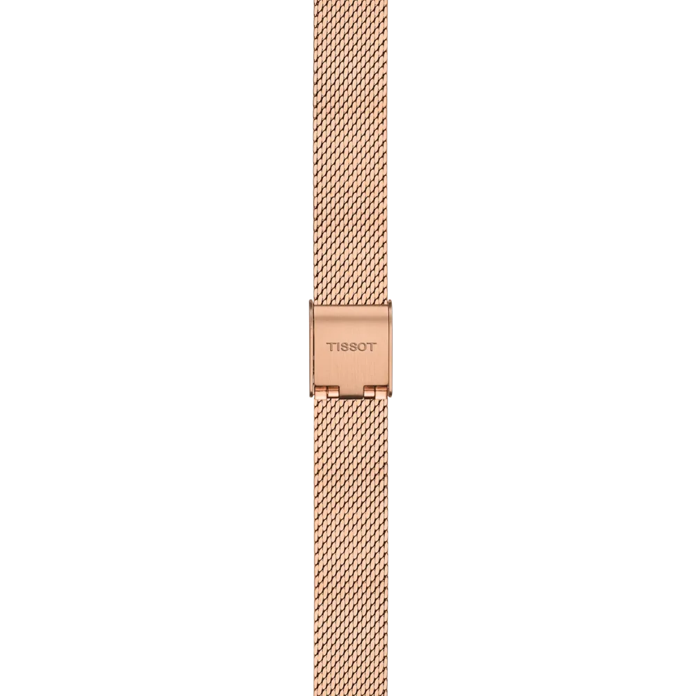 Tissot SRV T160.110.33.033.00 donna 30 mm con cassa rettangolare PVD oro rosa, quadrante argento e bracciale Milanese.
