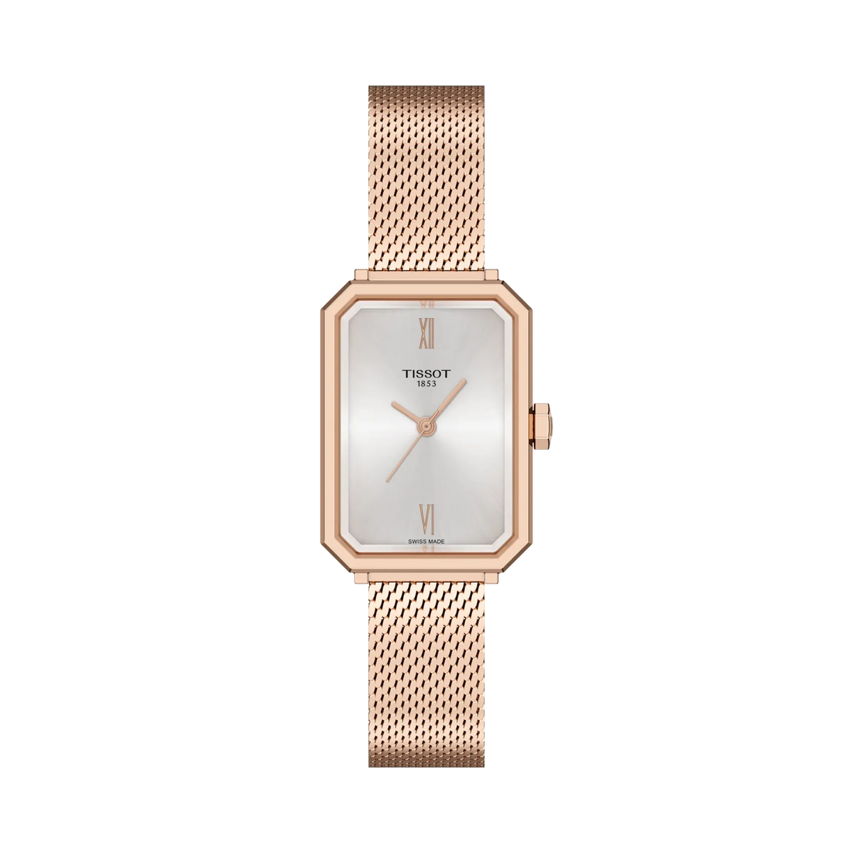 Tissot SRV T160.110.33.033.00 donna 30 mm con cassa rettangolare PVD oro rosa, quadrante argento e bracciale Milanese.