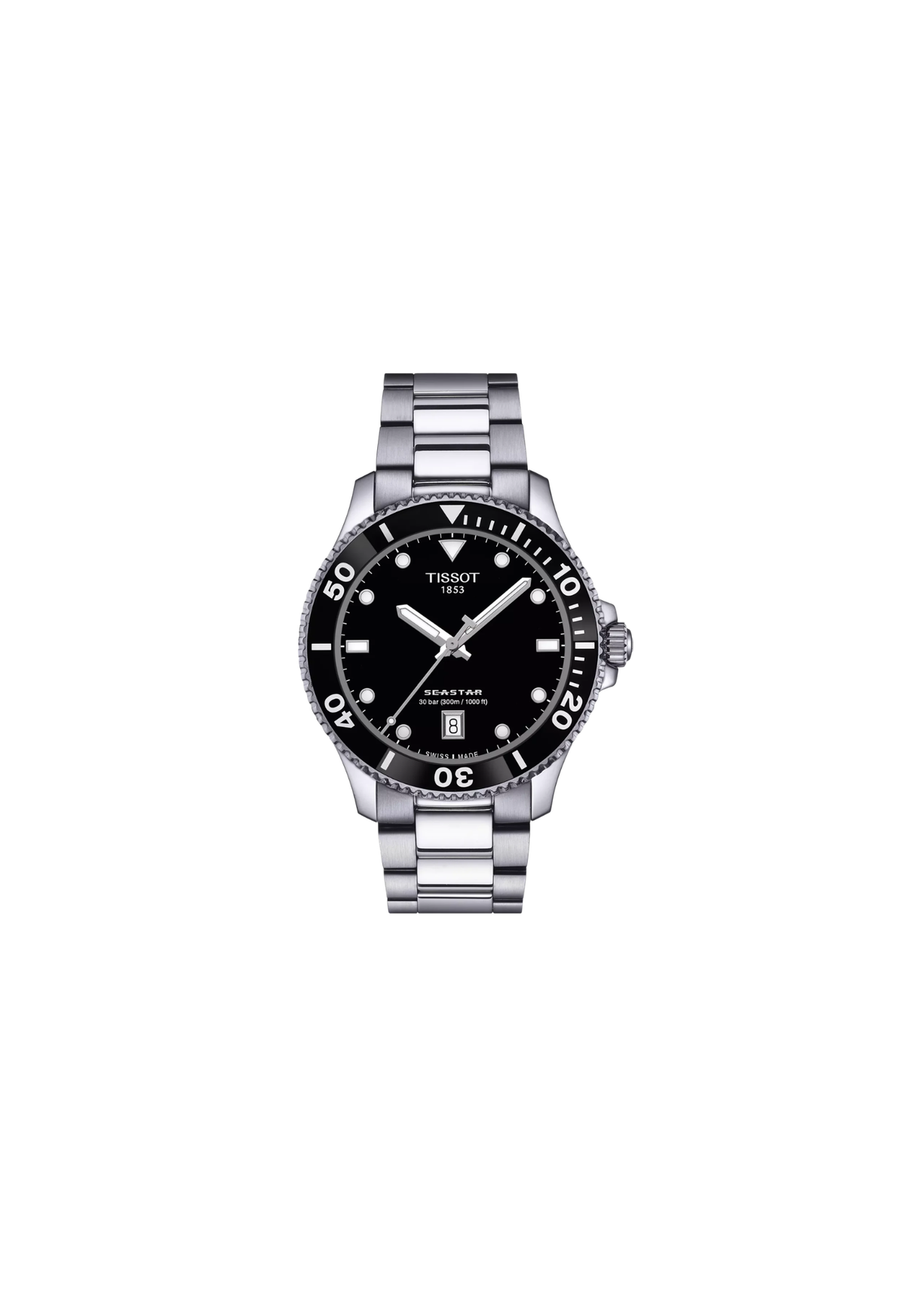 Tissot Seastar 1000 40mm T120.410.11.051.00 con quadrante nero, cassa in acciaio 316L, lunetta girevole e bracciale in acciaio.