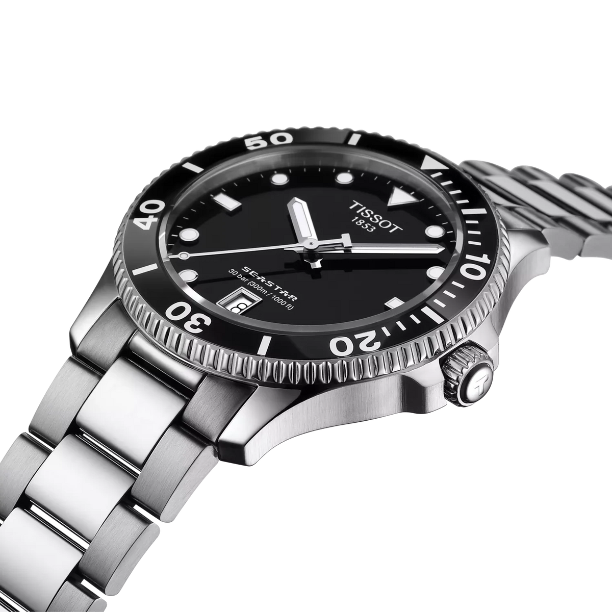 Tissot Seastar 1000 40mm T120.410.11.051.00 con quadrante nero, cassa in acciaio 316L, lunetta girevole e bracciale in acciaio.