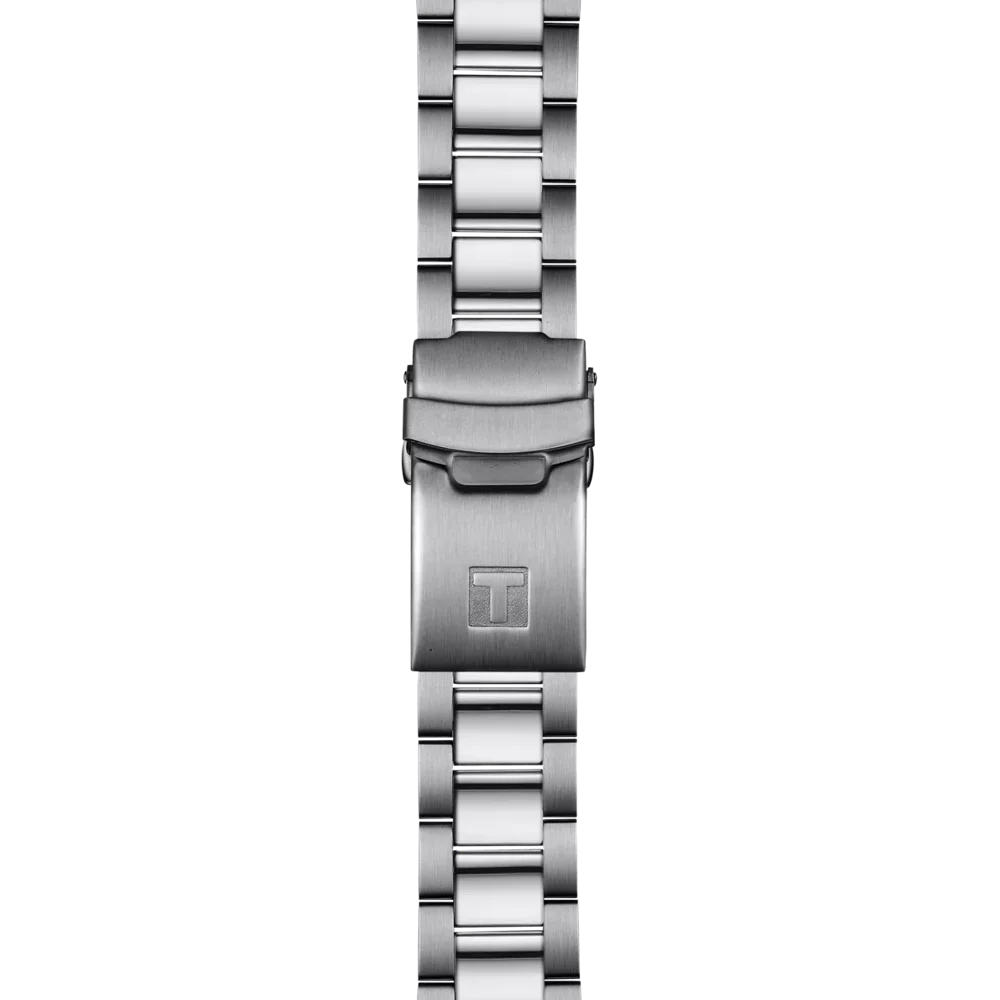 Tissot Seastar 1000 40mm T120.410.11.051.00 con quadrante nero, cassa in acciaio 316L, lunetta girevole e bracciale in acciaio.