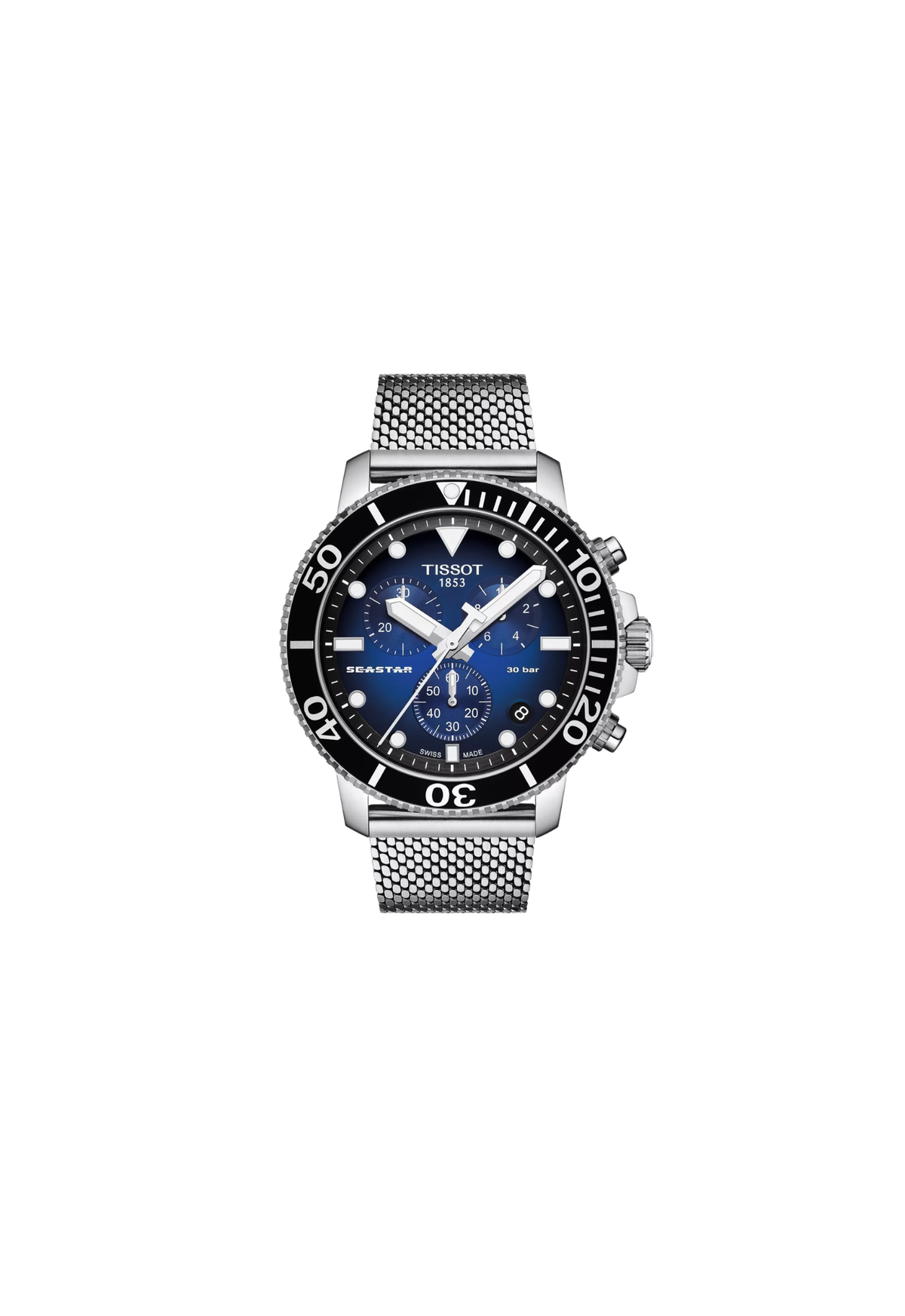 Tissot Seastar 1000 Chronograph T120.417.11.041.02 45,5 mm con cassa in acciaio, vetro zaffiro, lunetta in alluminio e fondello trasparente.