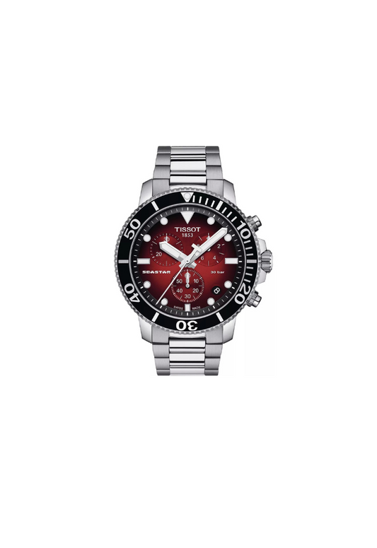 Tissot Seastar 1000 Chronograph quarzo Swiss Made rosso sfumato 45,5mm T120.417.11.421.00 con cassa acciaio e vetro zaffiro antigraffio