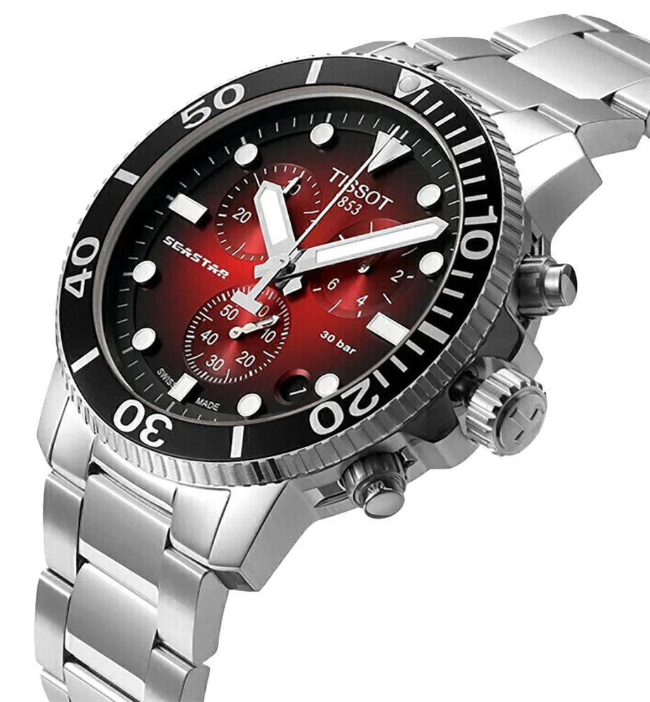 Tissot Seastar 1000 Chronograph quarzo Swiss Made rosso sfumato 45,5mm T120.417.11.421.00 con cassa acciaio e vetro zaffiro antigraffio