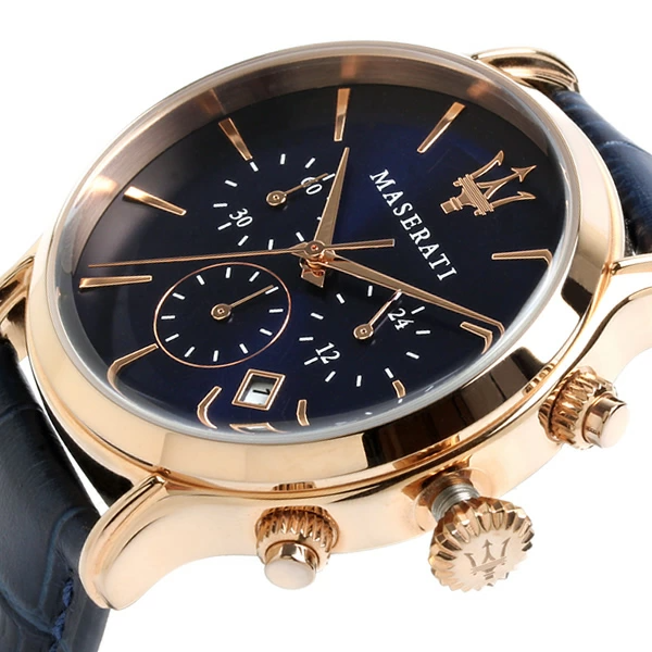 Orologio Maserati Epoca R8871618007 uomo con cassa rose gold 42mm, quadrante blu, cinturino in pelle blu e cronografo.