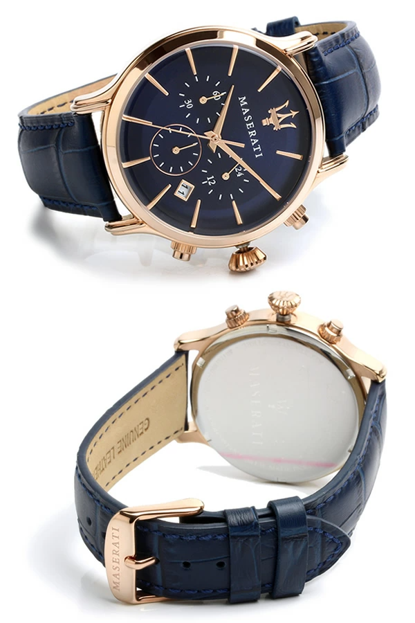 Orologio Maserati Epoca R8871618007 uomo con cassa rose gold 42mm, quadrante blu, cinturino in pelle blu e cronografo.