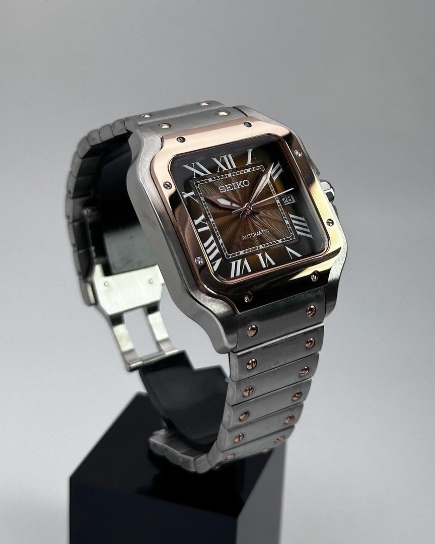 Santos Mod Custom 38mm – Orologio automatico bi-color oro e oro rosa, quadrante marrone, cinturino in acciaio, realizzato su prenotazione – mdr watch