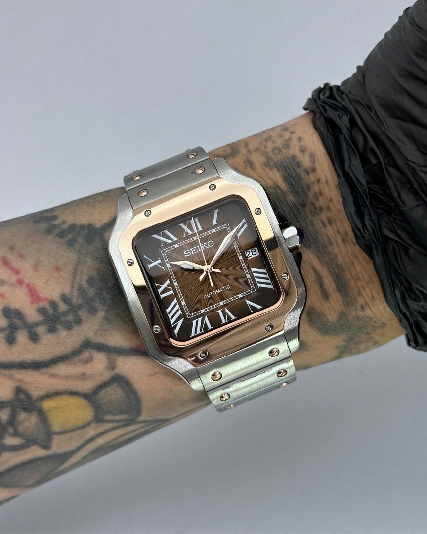 Santos Mod Custom 38mm – Orologio automatico bi-color oro e oro rosa, quadrante marrone, cinturino in acciaio, realizzato su prenotazione – mdr watch