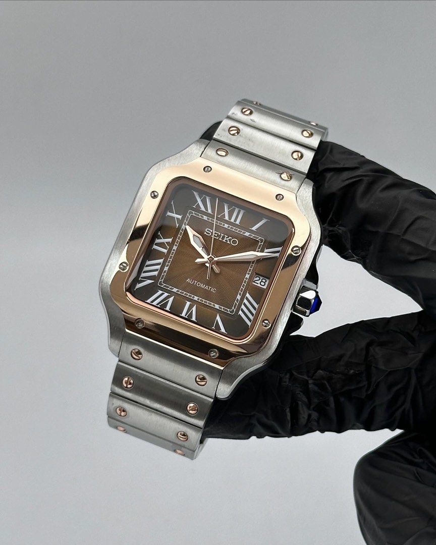 Santos Mod Custom 38mm – Orologio automatico bi-color oro e oro rosa, quadrante marrone, cinturino in acciaio, realizzato su prenotazione – mdr watch
