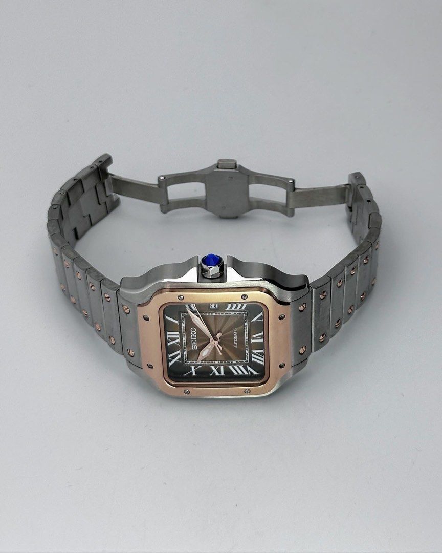 Santos Mod Custom 38mm – Orologio automatico bi-color oro e oro rosa, quadrante marrone, cinturino in acciaio, realizzato su prenotazione – mdr watch