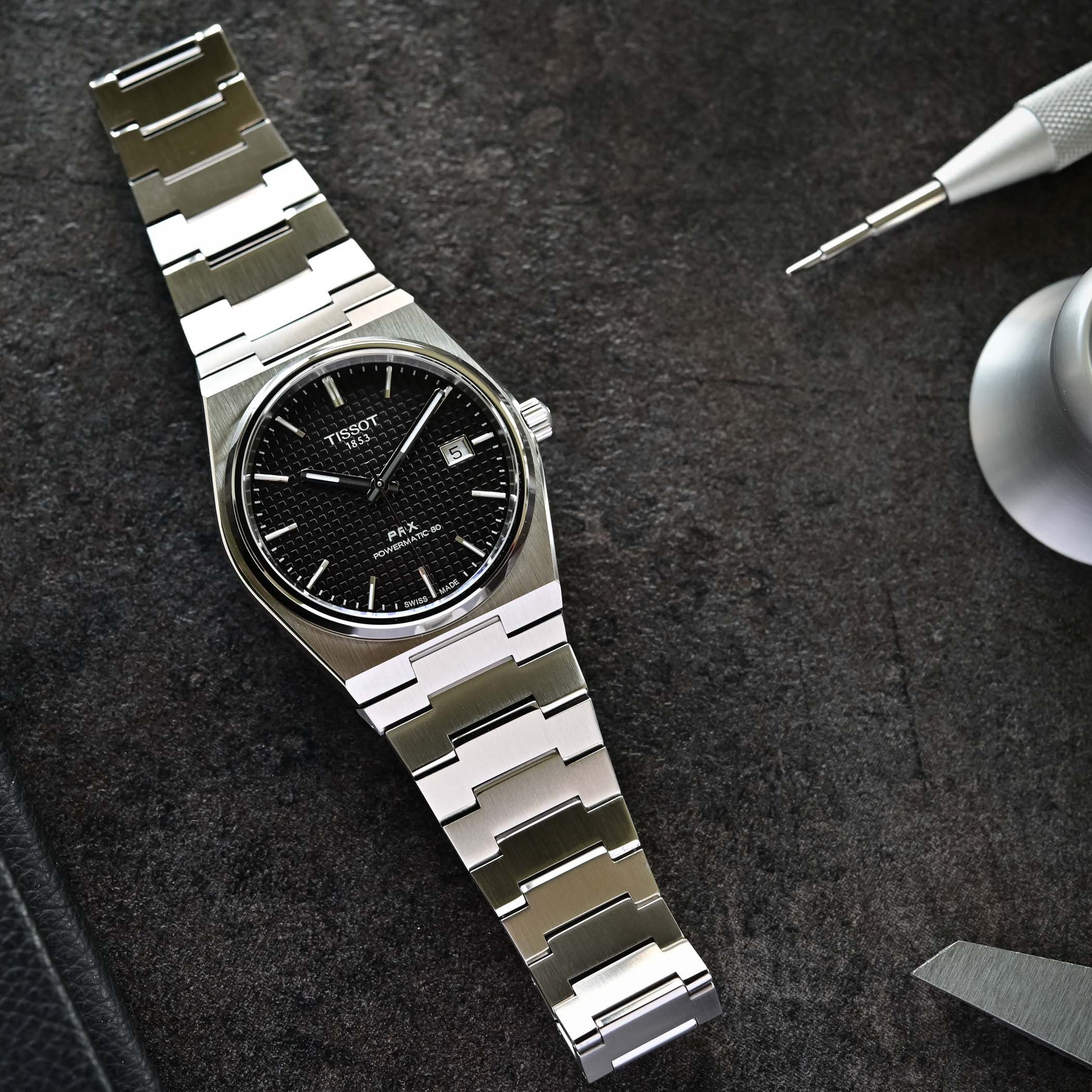 Orologio Tissot PRX Powermatic 80 T1374071105100 automatico nero, 40 mm, fondello trasparente, vetro zaffiro

